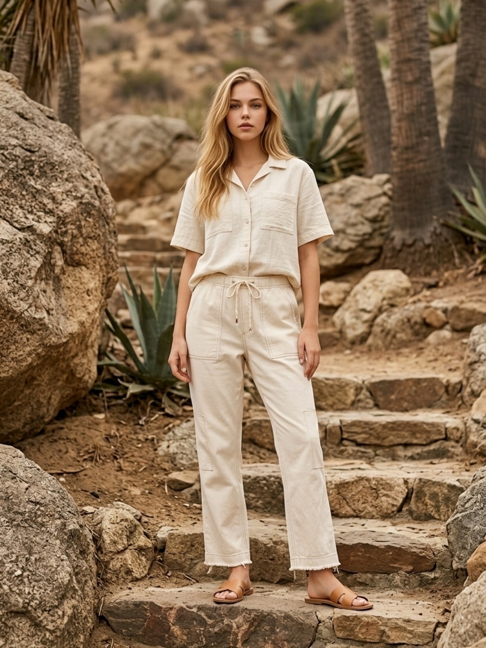 (72) Women's Cream Drawstring Utility Pants